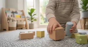 A highly detailed photorealistic illustration of minimalist design, capturing a toddler kneeling on a grey woven rug and reaching with focused, small hands towards a large, complex tower built with a mix of natural and pastel wooden blocks. Numerous individual cubes, cylinders, and small arches in natural, light blue, yellow, and green are creatively stacked, integrated with a multi-level arch structure, and surrounded by loose blocks scattered across the rug in a sunlit British living room.