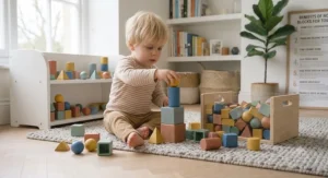 A one-year-old child easily grasping and exploring chunky stacking cubes during play.