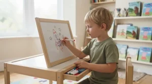 A child drawing on a lightweight, non-magnetic whiteboard at a school desk.
