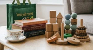 A soft-focus photograph of a selection of colourful stacking rings arranged on a nursery shelf, including toys suitable for water play, representing early years development and versatile learning.