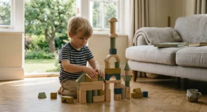 Children engaging in open-ended play using diverse wooden blocks.