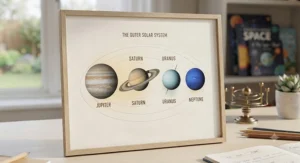 An educational, framed illustration of the outer gas giants, perfect for children learning about space.