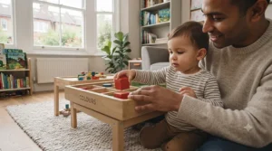 Parent and toddler sitting together on a living room rug, enjoying an interactive colour sorting block game.