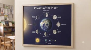 An informative educational wall chart illustrating the phases of the moon, perfect for home learning or classroom science walls.