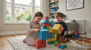 Close-up of the smooth, child-safe rounded edges on a large cardboard building block.