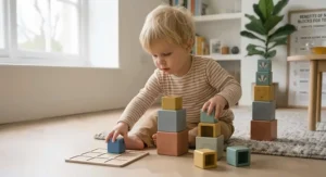 Close-up of smooth, non-toxic painted wooden nesting blocks meeting UK toy safety standards.