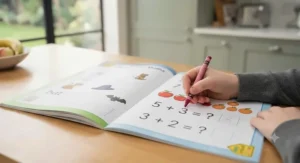 A child working through a School Zone phonics and basic maths practice workbook.