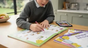 A child completing an engaging activity page in a School Zone workbook.