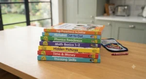 A variety of School Zone workbooks stacked on a desk, highlighting home-learning flexibility.