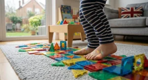 A close-up, low-angle shot focusing on a child's bare feet exploring the tactile textures of colourful magnetic building blocks on a soft grey knitted rug.
