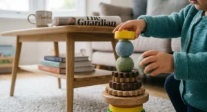 A detailed close-up of a child’s hands successfully sorting distinct shapes into an integrated shape-sorting and stacking toy, showcasing advanced cognitive and problem-solving skills for 12-month-olds.