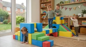 An indoor obstacle course created using various shapes of soft foam building blocks.