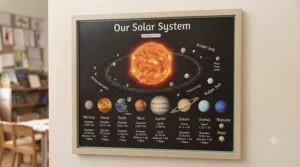 A scientific educational wall chart depicting the solar system, with labelled planets and orbits for primary science education.