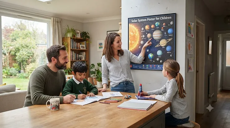 A family in a bright, modern British home interacting with a colourful solar system poster for children. solar system posters for children
