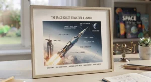 A framed, technical yet accessible illustration of a space rocket launch, ideal for children interested in space travel.