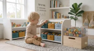 Nested wooden blocks stacked neatly inside one another for easy storage in a nursery.