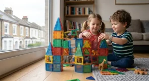 3-year-old exploring magnetism and foundational STEM concepts with building blocks.