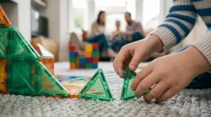 Hands using magnetic tiles to explore symmetry and balance, demonstrating STEM learning concepts.