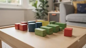 Eco-friendly, non-toxic wooden colour sorting blocks crafted from sustainable timber for toddler educational play.