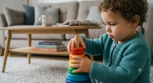 A high-definition, close-up photograph of a focused toddler completing a multi-textured stacking tower by placing a soft, blue felt ball on a wooden gear, illustrating cognitive development and the final achievement of building milestones.