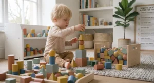 A young child smiling while building a tall tower using colourful nesting cubes.
