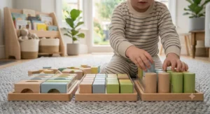 An intricate, high-definition photorealistic illustration of imaginative play, focusing on a higher, complex tower being built by a child with a striped sleeve. The detailed hands are meticulously balancing a small natural wood cube on top of a pastel blue arch, with other various blocks like a green triangle integrated into the structure. Natural light highlights the wood texture, set on a grey wool rug with a soft bokeh of a British living room background.