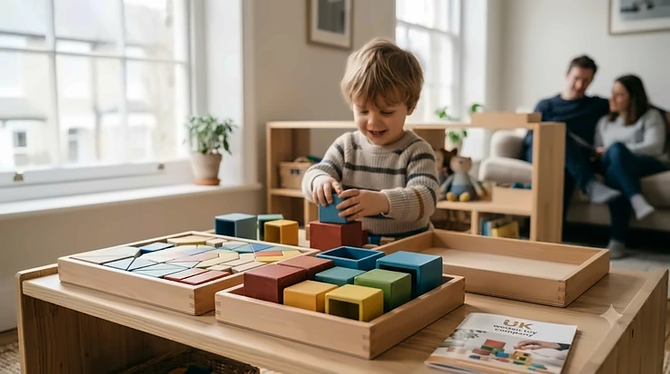 A young child sorting and matching small nesting blocks by colour and size during playtime. pattern blocks for kids