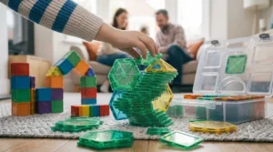 A toddler carefully stacking magnetic blocks, supporting their fine motor skill development.