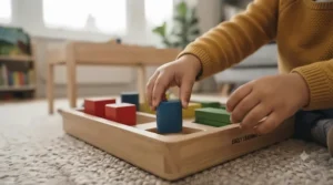A toddler sorting multicoloured wooden blocks into matching coloured compartments to build fine motor coordination.