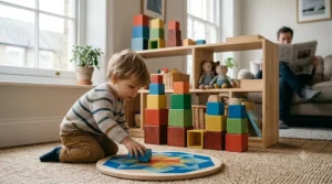 A bright UK home playroom setup featuring educational nesting blocks and wooden pattern toys on a low shelf.