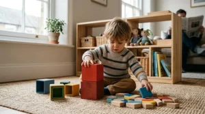 Colourful wooden nesting blocks and pattern blocks for toddlers laid out on a play mat, supporting early learning and fine motor skills.