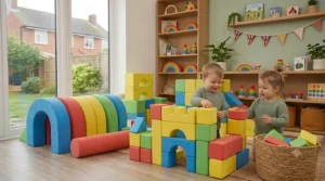 Close-up of a child's hands safely stacking lightweight foam blocks during creative play.