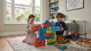 A toddler sitting safely on top of sturdy, heavy-duty jumbo cardboard building blocks.
