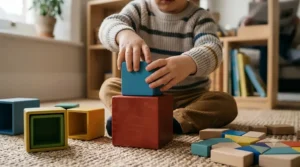 A toddler stacking colourful nesting blocks into a tall tower on a wooden nursery floor.