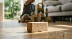A toddler carefully stacking colourful wooden blocks to build a tower.