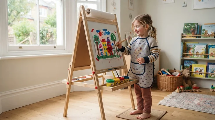 A three-year-old child painting on a sturdy wooden easel. easel for 3 year old