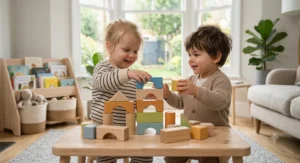 A detailed photorealistic illustration from a low perspective, capturing a toddler's small hands as they carefully place large natural wood and colourful pastel wooden blocks into segmented, open compartments of a segmented natural beechwood storage crate. This crate is low-profile, half-filled with an assortment of shapes, and rests directly on a grey knitted wool rug, presenting an organised storage solution in a sunlit room.