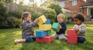 Toddlers safely stacking lightweight foam giant building blocks in a back garden.