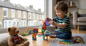 Two children collaborating and sharing magnetic blocks while playing together on a rug.