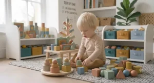Wrapped traditional wooden nesting block set presented as a birthday gift for a toddler.