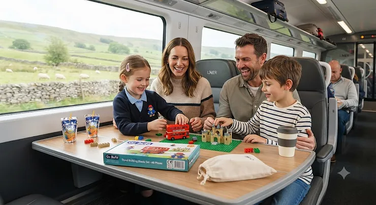 A colourful travel building blocks set laid out on a wooden table, perfect for keeping kids entertained on UK family holidays. travel building blocks set
