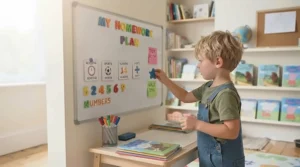A large wall-mounted magnetic whiteboard installed in a child's bedroom for homework and organisation.