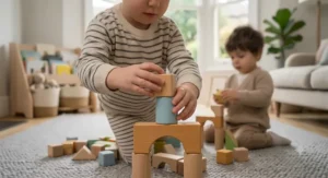 A highly detailed photorealistic illustration demonstrating developmental benefits, focusing on a toddler's small, detailed right hand as it holds and places a light blue wooden cube onto a partially built tower of natural wood and pastel-painted blocks on a grey knitted rug. The sharp focus and soft, natural daylight capture fine textures like the wood grain, matte paint, and rug weave, emphasizing fine motor skill development.