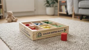 Traditional wooden shape and colour sorting tray filled with brightly painted geometric wooden blocks on a child-sized play table.