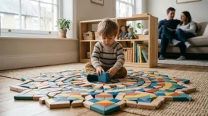 Brightly coloured wooden pattern blocks arranged into various geometric shapes for children's educational play.