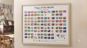 A comprehensive educational wall chart featuring flags from around the world, ideal for geography and cultural studies.