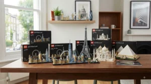 A curated collection of popular LEGO Architecture adult building kits arranged neatly on a wooden table.