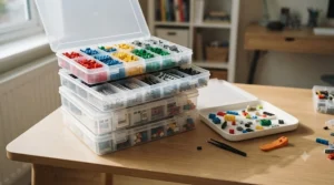 Clear plastic LEGO storage boxes with colourful sorting trays lined up on a wooden table.