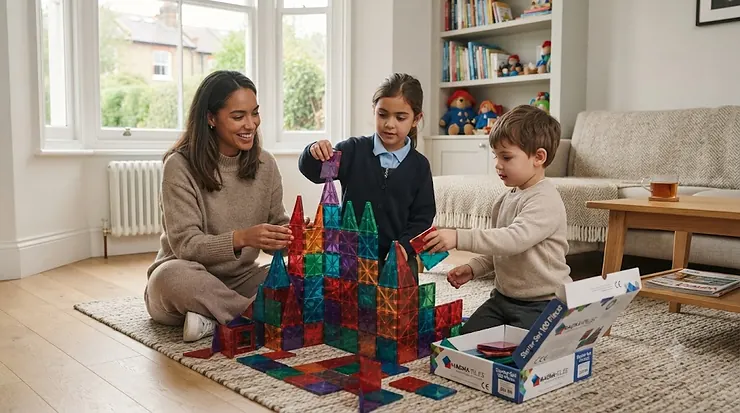 Children playing with affordable magnetic tiles to build a large structure, representing the best toys under £30. magnetic tiles under £30