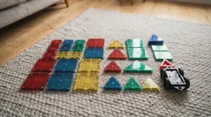 A flatlay of a beginner magnetic tile starter set featuring squares and triangles in primary colours.